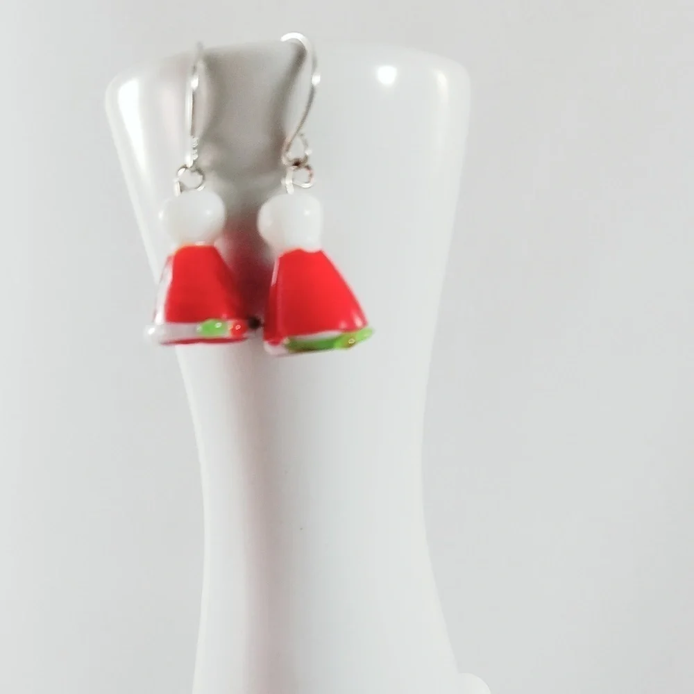 Hand Crafted Santa Claus Hat Earrings and Stretch Bracelet Red White Christmas